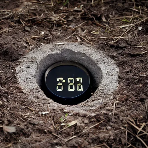 Prompt: a digital clock lying in a hole in the ground, photograph