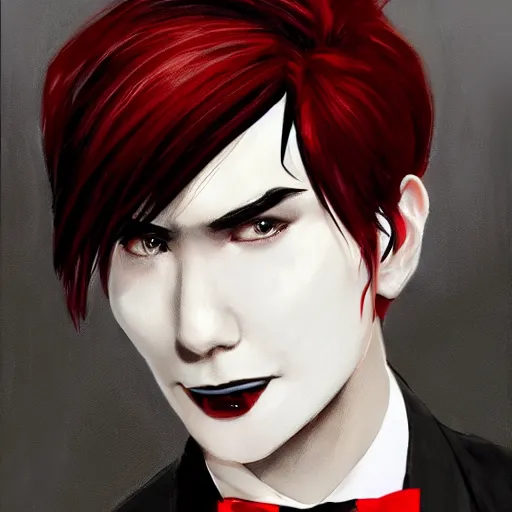 Prompt: full face shot of a handsome butler with straight black hair, a red streak in his hair, with black and red eyes, shy smile, fancy, ultra detailed, brush strokes, digital painting, cinematic, wlop artstation, pixiv, yoshitaka amano, andy warhol, ultra realistic,