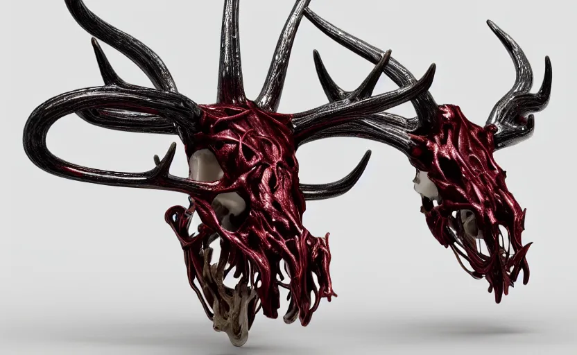 Image similar to stylized shiny polished silver statue full body bizarre cosmic horror quadruped animal moose deer skull four legs made of slug creature tendrils, perfect symmetrical body, perfect symmetrical face, hyper realistic, hyper detailed, by johannen voss, by michelangelo, octane render, blender, 8 k, displayed in pure white studio room anatomical deep red arteries veins flesh