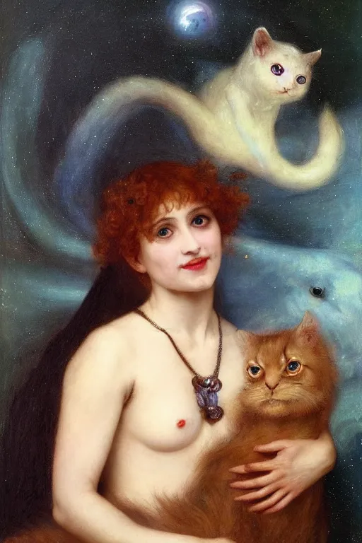 Image similar to a renaissance oil painting by alma tadema of demonic vampire evil woman with mischievous smile and fish eyes hugging a large fluffy cat, colourful pastel trending artstation, detailed portrait academic bouguereau high shadow contrast medium shot, sharp focus cosmic nebula background