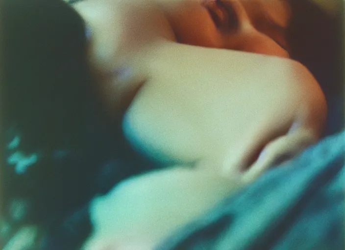 Image similar to close-up color film photography 1970s, sleeping woman, soft focus, golden hour, soft light, 35mm, film photo, nan goldin