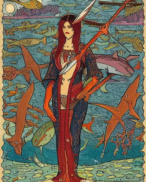 Prompt: a shark queen with melee weapons by ivan bilibin