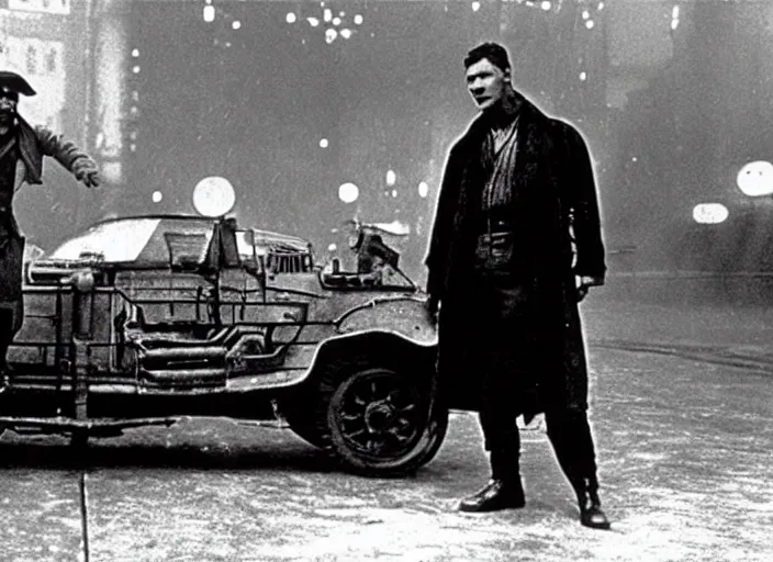 Prompt: scene from the 1912 science fiction film Blade Runner with the main character standing next to a vehicle