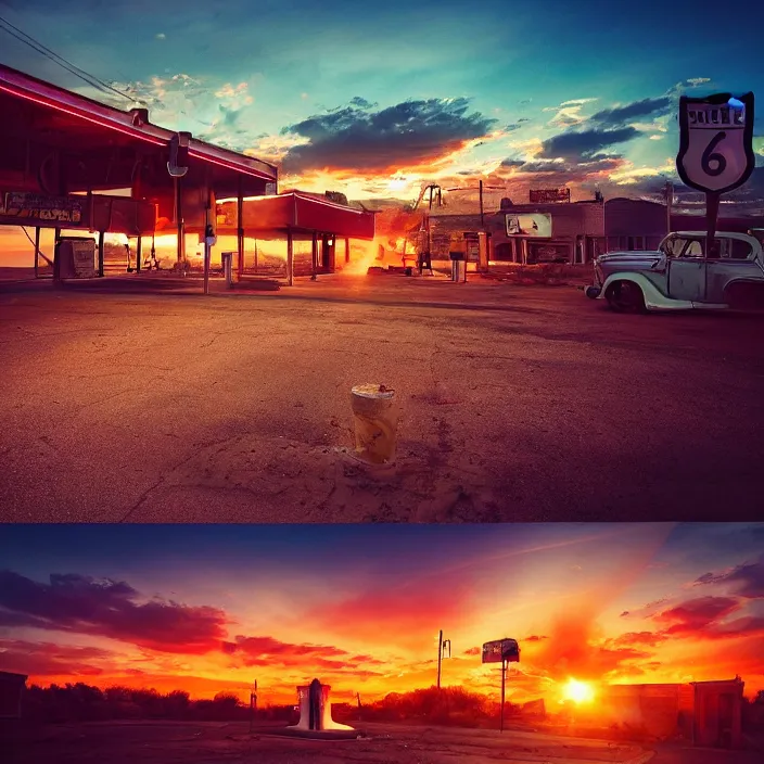 Image similar to a sunset light landscape with historical route 6 6, lots of sparkling details and sun ray ’ s, blinding backlight, smoke, volumetric lighting, colorful, octane, 3 5 mm, abandoned gas station, old rusty pickup - truck, beautiful epic colored reflections, very colorful heavenly, softlight