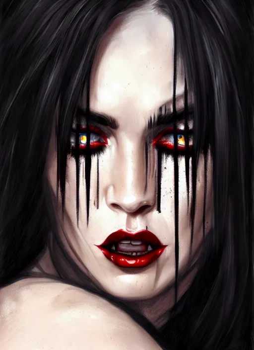 Prompt: portrait of megan fox as a evil vampire queen baring her fangs, bloody tears, jewelry, greek, dark, fangs, intricate, headshot, fangs, key visual, conceptart, ambient lighting, highly detailed, digital painting, artstation, concept art, sharp focus, by makoto shinkai and akihiko yoshida and greg manchess