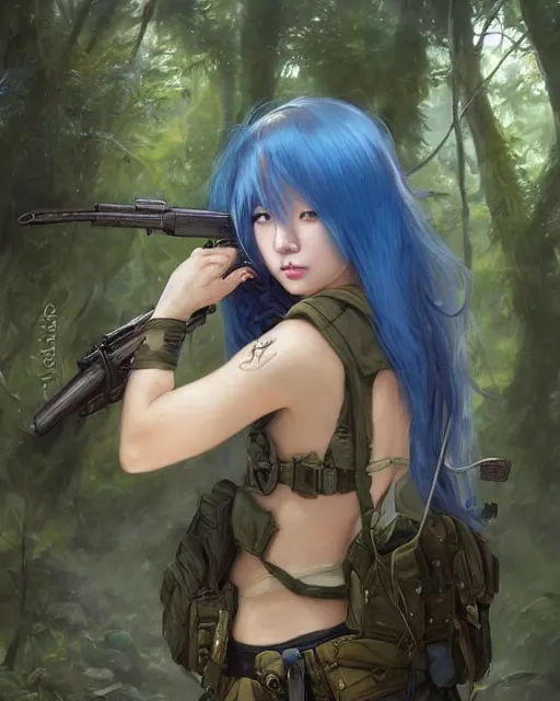 Image similar to stunningly beautifuljapanese girl with blue hair, fantasy art, military girl, army girl outfit, soldier helmet, jungle background, dark light night, sharp focus, digital painting, 8 k, concept art, art by wlop, artgerm, greg rutkowski and alphonse mucha