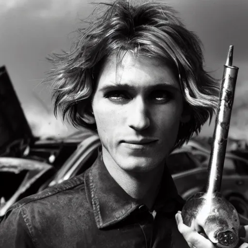 Prompt: close up headshot of a skinny high-fantasy elf with a long face narrow chin and spiky blonde hair wearing dark brown overalls and holding a bomb next to a destroyed car, high resolution film still