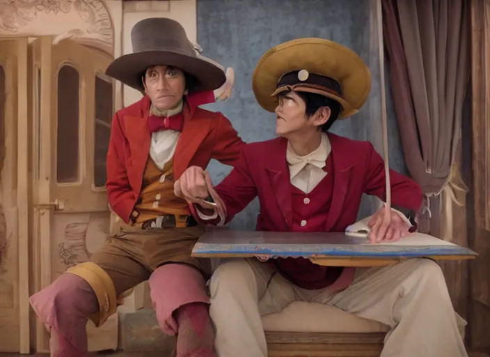 Image similar to a film still of cosplay of luffy the pirate in the grand budapest hotel ( 2 0 1 4 ), 4 k