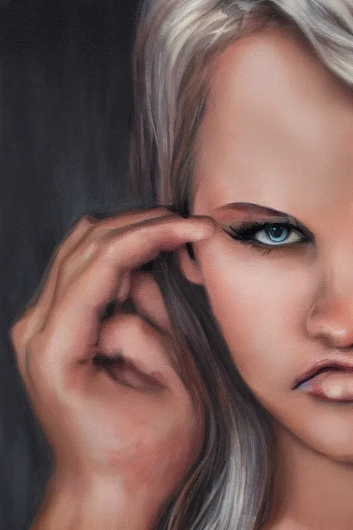 Image similar to young pretty woman portrait, blonde, blue eyes, hyper realistic, sharp focus