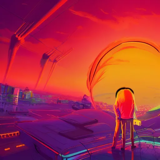Image similar to neon sunset album cover, cartoon digital painting, detailed, beautiful brush stroke rendering, by beeple, by hayao miyazaki, by takashi murakami, by masahiro ito, 4 k wallpaper
