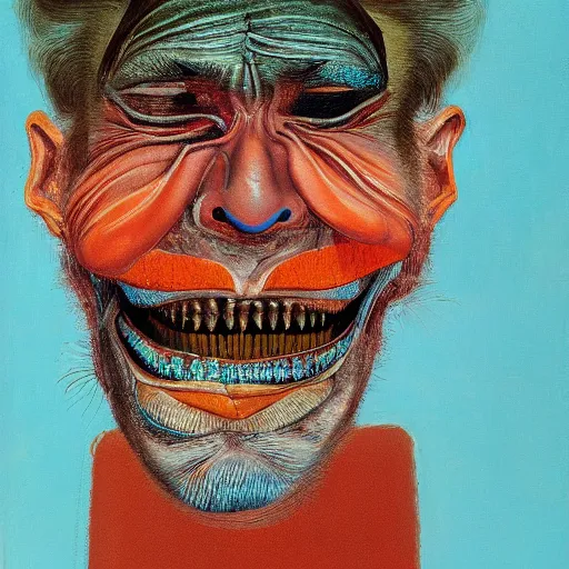 Image similar to high quality high detail painting of a man with large teeth by lucian freud and zdzisław beksinski and francis bacon, hd, smiling man, turquoise and orange