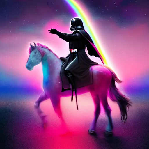 Image similar to beautiful matte painting, rainbow colored pink pink darth vader wearing pink wearing pink, riding a unicorn, riding a unicorn, riding a one-horned unicorn over a glittering rainbow, in psychedelic space, by lisa frank and dan mumford, octane render, HDR, vivid color, volumetric lighting, unreal engine, concept art, CGsociety, trending on artstation