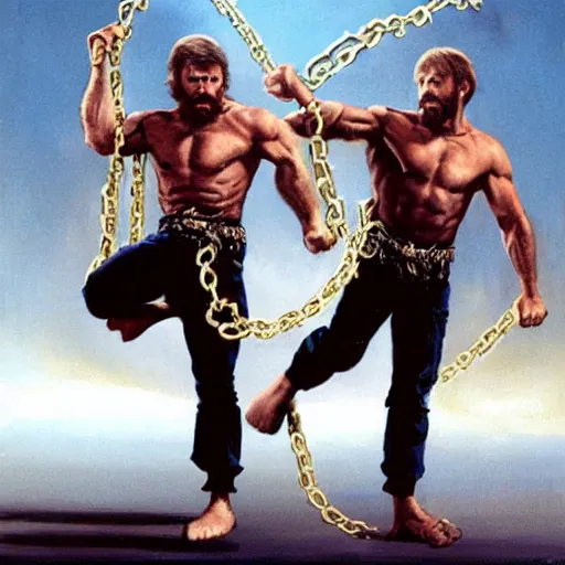 Image similar to cinematic action shot freeze frame portrait of Chuck Norris using nunchaku that are made out of two mini Chuck Norris's connected to each other at their ends by a short metal chain, golden ratio, art by greg rutkowski and frank frazetta and peter mohrbacher and marc silvestri