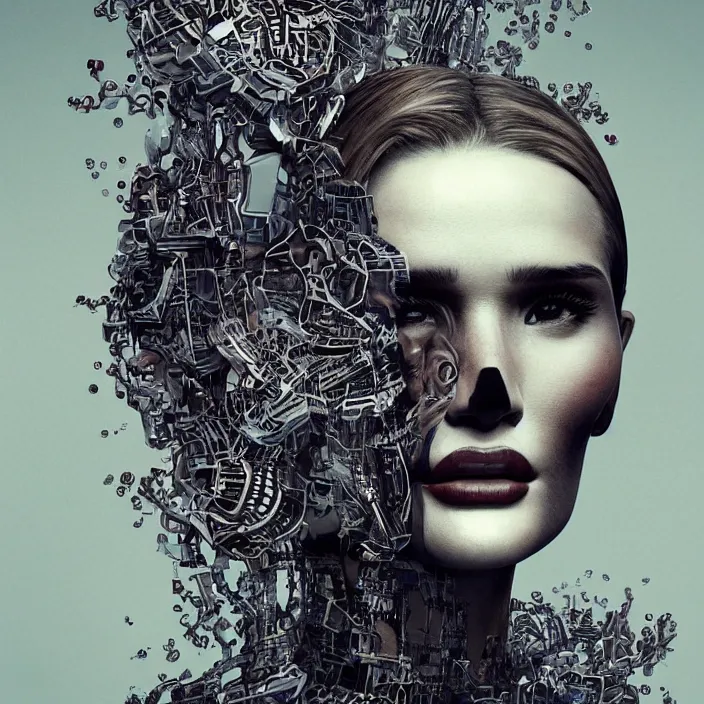 Image similar to portrait of rosie huntington-whiteley as a skull in a suit. intricate abstract. intricate artwork. nightmare fuel. by Tooth Wu, wlop, beeple, dan mumford. octane render, trending on artstation, greg rutkowski very coherent symmetrical artwork. cinematic, hyper realism, high detail, octane render, 8k, iridescent accents