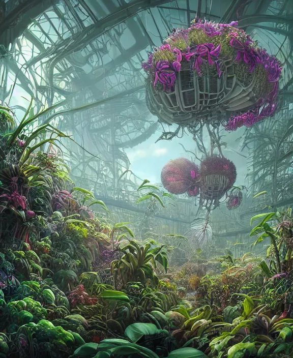 Prompt: a giant weird industrial plant made out of isopod dragonflies, in the style of a strange puffy spaceship, overgrown with disturbing orchids, partly cloudy, somber, dramatic lighting, by dan mumford, yusuke murata, makoto shinkai, ross tran, cinematic, unreal engine, cel shaded, featured on artstation, pixiv