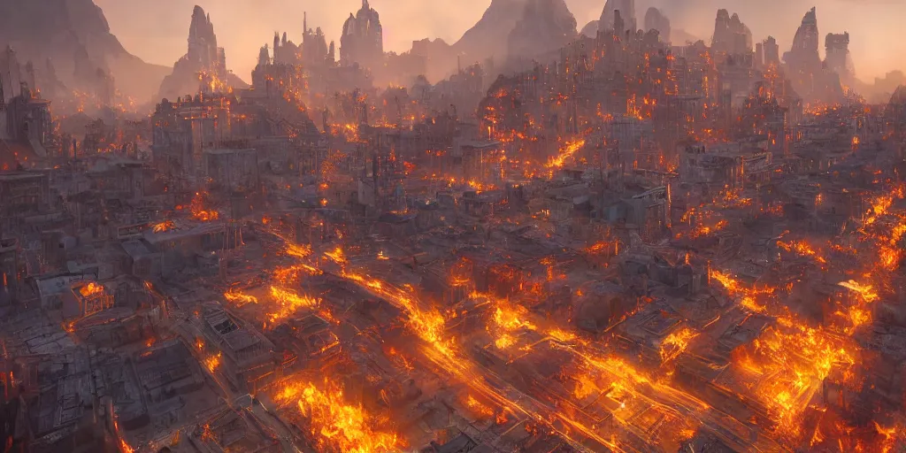 Prompt: inferno city, unreal 5, hyperrealistic, realistic, photorealistic, dynamic lighting, highly detailed, cinematic landscape, studio landscape, studio lighting