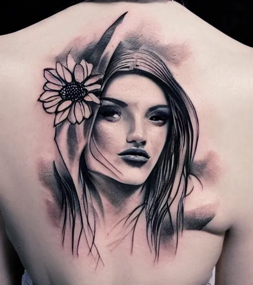 Image similar to tattoo design sketch of a beautiful woman face with a faded background of beautiful mountains and nature on her left side, hyper - realistic, in the style of den yakovlev, amazing detail, black and white