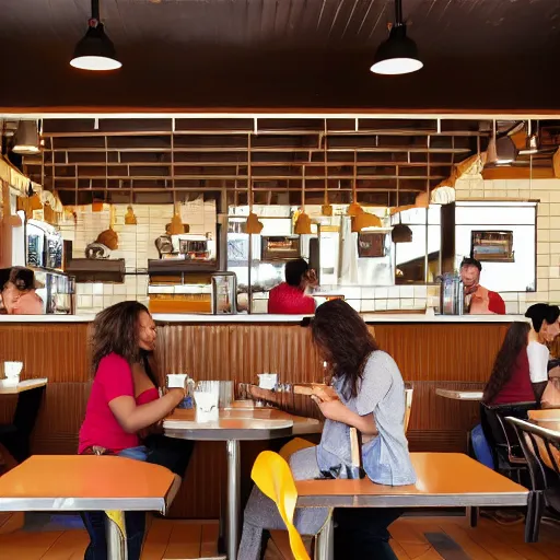 Image similar to realistic wafflehouse restaurant interior with employees and people eating breakfast