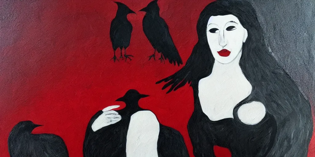 Image similar to painting, very dark, woman in a red dress, faceless, crows