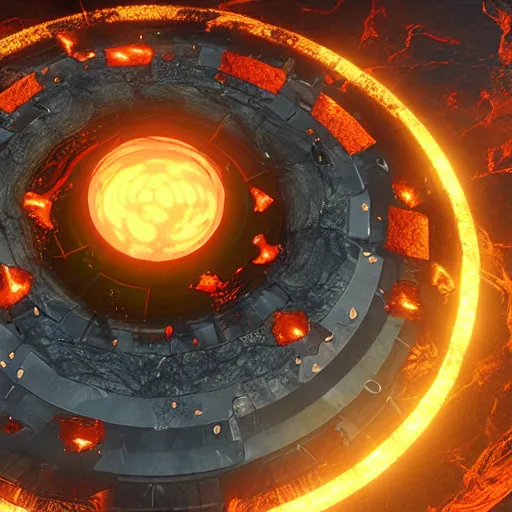 Prompt: a space portal with lava surface that has a golden frame that has trims of green and blue gemstones attached, highly realistic Unreal Engine