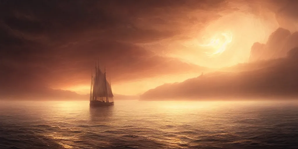 Image similar to strange sea surface of planet at sunset, caustics, refraction, sailing ship on horizon, ultra high definition, ultra detailed, symmetry, fog, matte painting, by greg rutkowski and ross tran and wlop