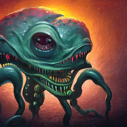 Prompt: oil painting of a horrifying eldritch abomination that just wants to be your friend, hypercute, sharp highlights, amazing textured brush strokes, accurate shape, cinematic soft volumetric studio lighting, 4k, VFX, HDR