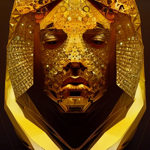 Image similar to halfturn portrait of a big crystal face, made of golden crystals, half - turn, bottom view, ominous, intricate, studio, art by anthony macbain + greg rutkowski + alphonse mucha, concept art, 4 k, sharp focus