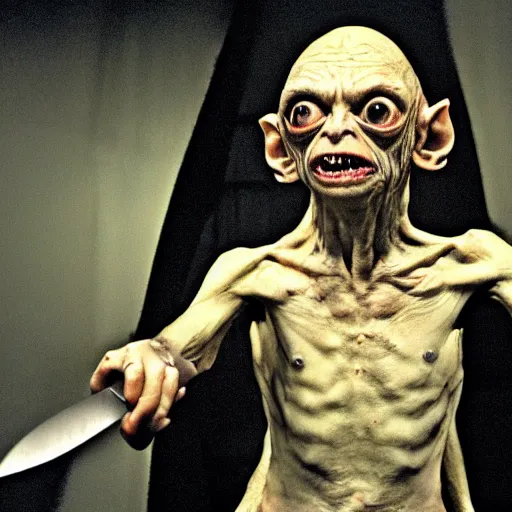 Image similar to Gollum in killer mask, with knife