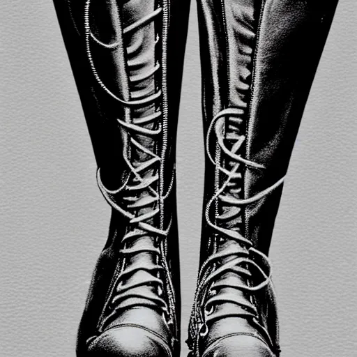 Image similar to close - up of a walking woman's leather boots, punk rock, 1 9 8 0's art, airbrush style, art by hajime sorayama,, intricate, elegant, sharp focus, illustration, highly detailed, h 6 4 0