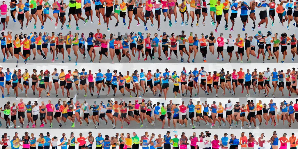 Image similar to Storyboard Sketch of Studio Photograph of starting line of many diverse marathon runners. multiple skintones. Frontal. Shot on 30mm Lens. Advertising Campaign. Wide shot. Fashion Studio lighting. White background.