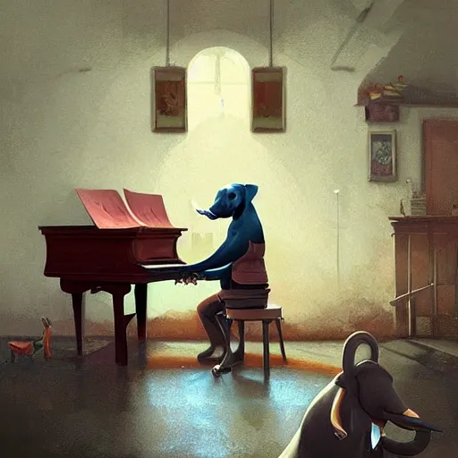 Prompt: An elephant playing piano for other animals in a bar, details, smooth, sharp focus, illustration, realistic, cinematic, artstation,,award winning, artwork by Sergey Kolesov, concept art illustration