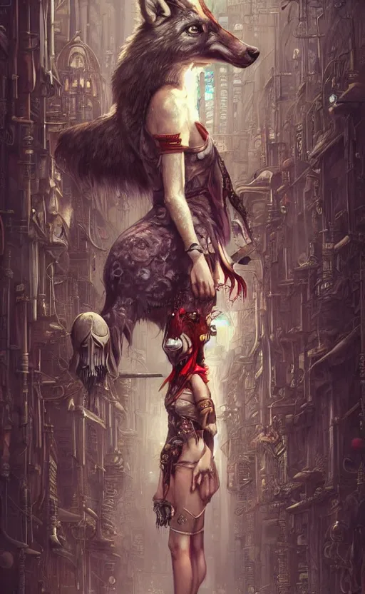 Prompt: hyper realistic Princess Mononoke, ornate mask magic, wet market street, cyberpunk metropolis, city landscape, jewels, full body pose, full moon, wolf by her side, style of tom bagshaw, mucha, james gurney, norman rockwell, denoised, sharp