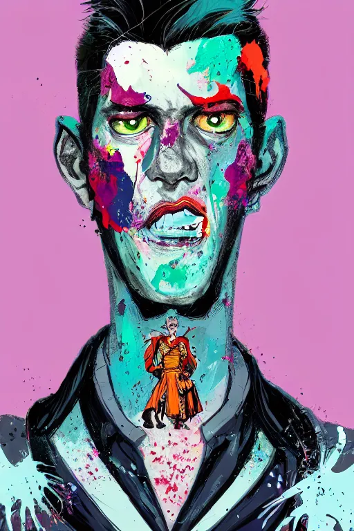 Prompt: half split portrait wealthy male half necromancer, made of white gucci fabric, pixiv fanbox, dramatic lighting, maximalist pastel color palette, splatter paint, pixar and disney exploded - view drawing, graphic novel by fiona staples and dustin nguyen, peter elson, alan bean, wangechi mutu, clean cel shaded vector art, trending on artstation