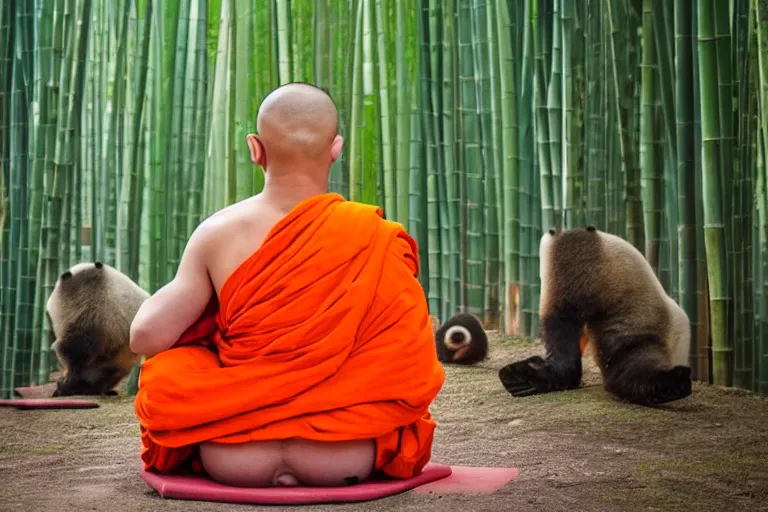 Prompt: a high quality photo of a panda monk, wearing orange clothes, meditating, sitting in front of a temple. bamboo forest in the background, shinji aramaki