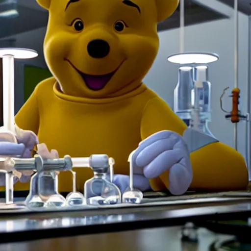 Prompt: winnie the pooh dressed in a lab coat working in a brightly lit laboratory