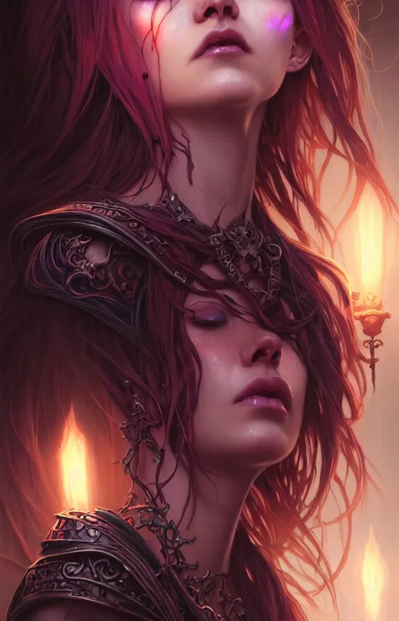 Image similar to Necromancer Sorceress face close-up macro in center, fantasy magic, undercut hairstyle, dark light night, intricate, elegant, sharp focus, illustration, highly detailed, digital painting, concept art, matte, art by WLOP and Artgerm and Greg Rutkowski and Alphonse Mucha, masterpiece