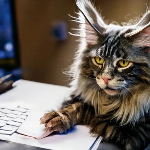 Prompt: my maine coon cat typing up a list of grievances to email to the management about the lack of treats. 3D, Pixar, animated movie still