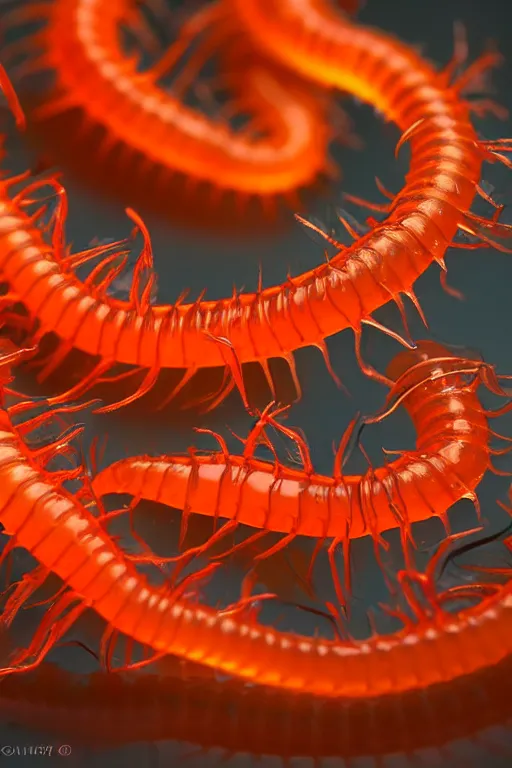 Image similar to high quality close-up photo translucent gelatinous centipede! gorgeous highly detailed hannah yata elson peter cinematic orange lighting high quality low angle hd 8k sharp shallow depth of field