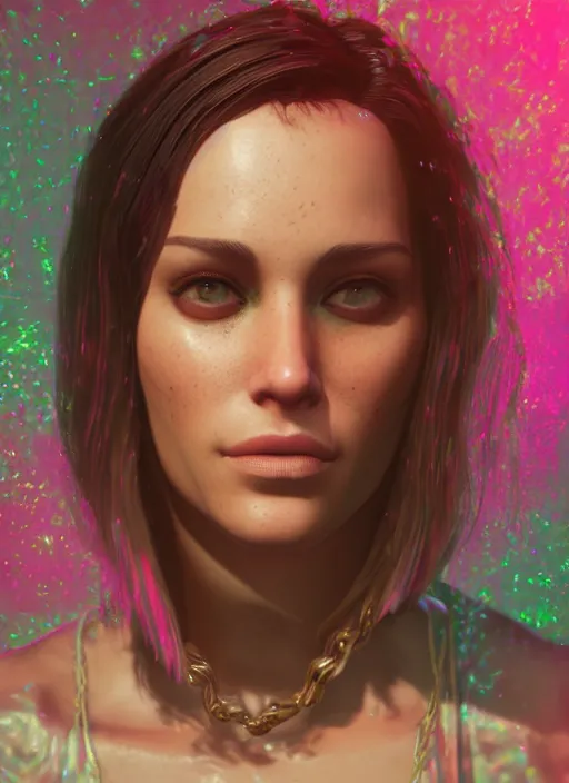 Image similar to glowwave portrait of michele from gta 5, au naturel, hyper detailed, digital art, trending in artstation, cinematic lighting, studio quality, smooth render, unreal engine 5 rendered, octane rendered, art style by klimt and nixeu and ian sprigger and wlop and krenz cushart.