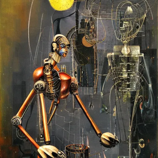 Image similar to a full wired mechanical robot imagines a fantasy world, oil on canvas by dave mckean