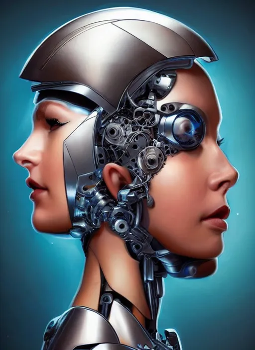 Image similar to portrait of a cyborg woman who turns her head to the ((((((right))))) (left+350) (((((up))))) (((((down))))) by Artgerm,eyes closed , biomechanical, hyper detailled, trending on artstation