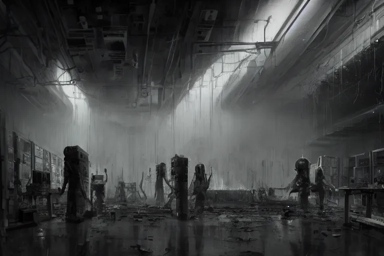 Image similar to gloomy colossal ruined server room in datacenter by eddie mendoza blender robot figure automata headless drone robot knight welder posing pacing fixing soldering mono sharp focus, emitting diodes, smoke, artillery, sparks, racks, system unit, motherboard, by rutkowski artstation hyperrealism cinematic dramatic painting concept art of detailed character design matte painting