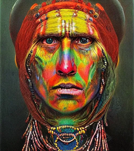 Image similar to Portrait painting in a style of Beksinski mixed with Alex Grey of an old shaman dressed in a colorful traditional clothes. Symmetry