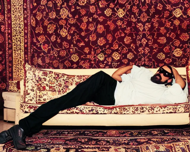 Prompt: a photo of soviet lying on brown sofa man wearing brutal black sunglasses from deus ex and jeans and white tshirt with a persian carpet on wall behind of man, cinestill