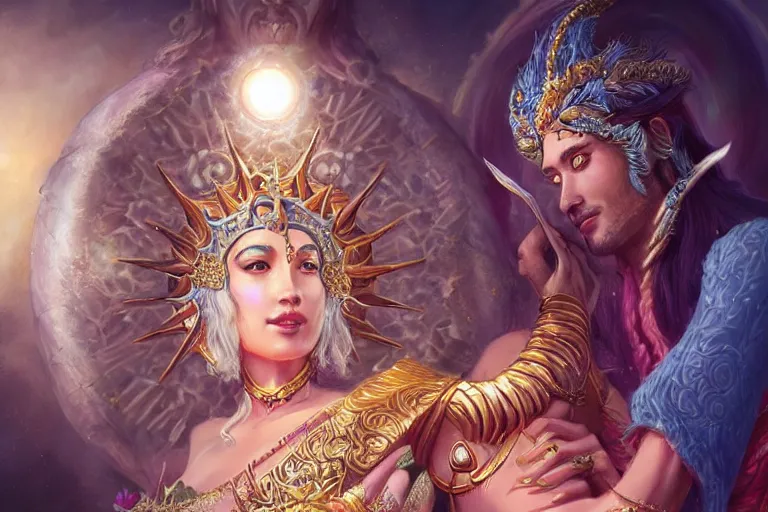 Image similar to close up moment of a divine a sun god and a moon goddess lovers magician at a wedding banquet, highly detailed, d & d, fantasy, highly detailed, digital painting, trending on artstation, concept art, sharp focus, illustration, art by artgerm and greg rutkowski and magali villeneuve