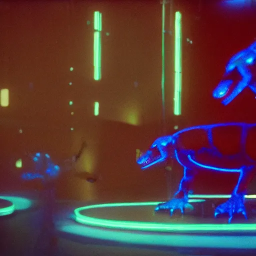 Image similar to electric blue scaled glowing baby dinosaurs in tron movie, cinestill