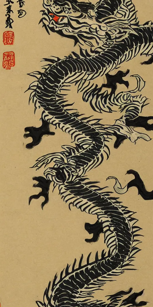 Prompt: japanese woodblock style paper scroll of a tiger transforming into a dragon