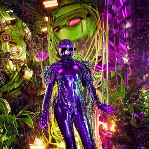 Image similar to hi - fructose mag photo, inside a futuristic detailed alien jungle made out of shiny reflective chrome, futuristic android with limbs made out of stretchy rubber tubing mixed with shiny colorful giant intricate detailed chrome gauntlets and chest piece and discoball mask, wearing a long purple velvet cape, fog and mist