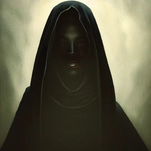 Image similar to a portrait of a young black woman wearing a long dark cloak, hood and shadows covering face, anatomically correct, beautiful perfect face, enigmatic, oil painting, matte painting, black background, Volumetric dynamic lighting, Highly Detailed, Cinematic Lighting, Unreal Engine, 8k, HD, by Beksinski