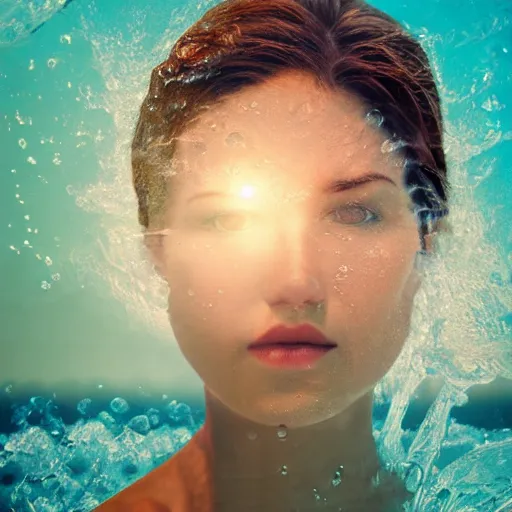 Image similar to water artwork manipulation in the shape of a human head, on the ocean water, beautiful woman, ray tracing, realistic water sharp focus, long shot, 8 k resolution, cinematic, surreal water art